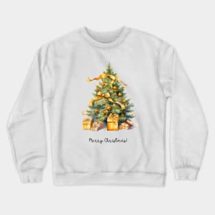 Gold Christmas Tree with Presents Watercolor Art Crewneck Sweatshirt